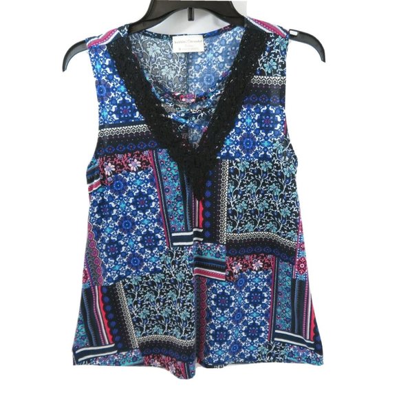 Bobby Brooks Knit Top Sleeveless Multicolor Patchwork Ladder Lace V-Neck - Picture 4 of 9
